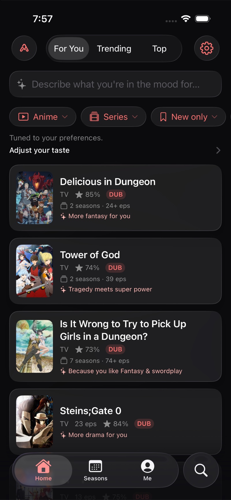 AniMuse For You feed, tuned to your preferences